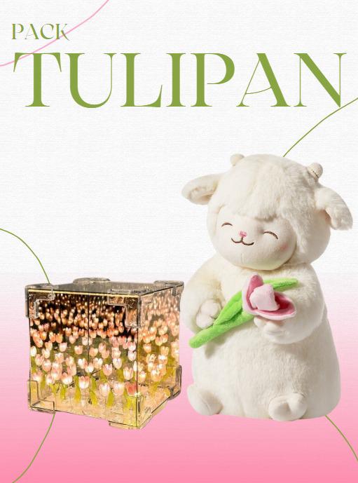 Pack Regalo “Tulipán Encantado” – Peluche Kawaii + Lámpara Decorativa de Tulipanes